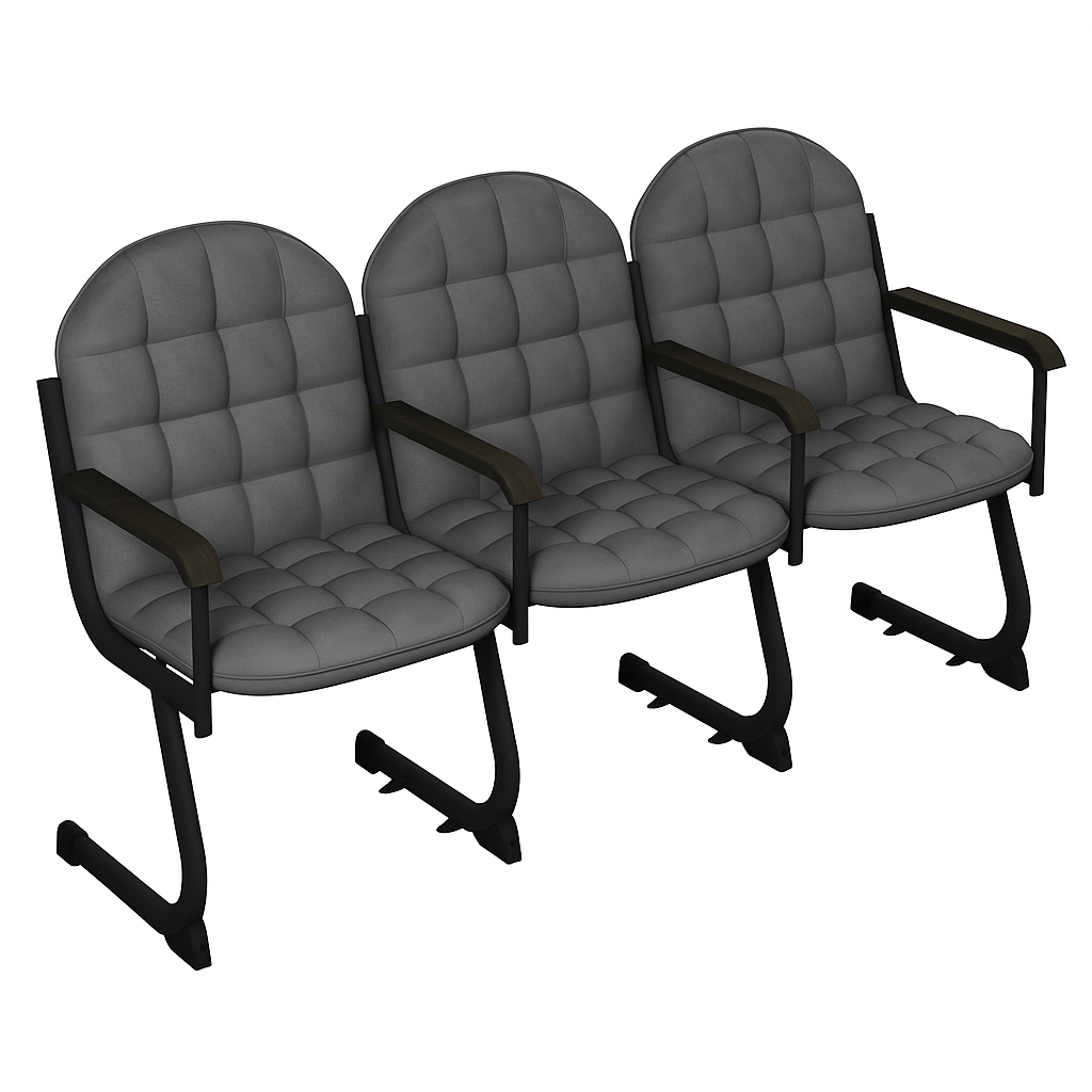 М'яке 3-х місне крісло для актового залу, на металевому каркасі (плоскоовальна труба), оббивка крісла - тканина, ЛЕЛЕКА, 1810х646х995 мм.